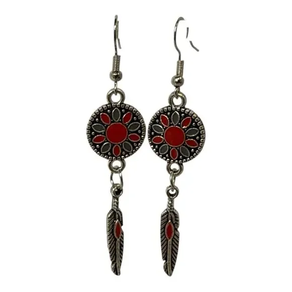 Boho Feather Earrings Silver Red Western Mandala Dangle Drop Design NEW pierced - Picture 3 of 5
